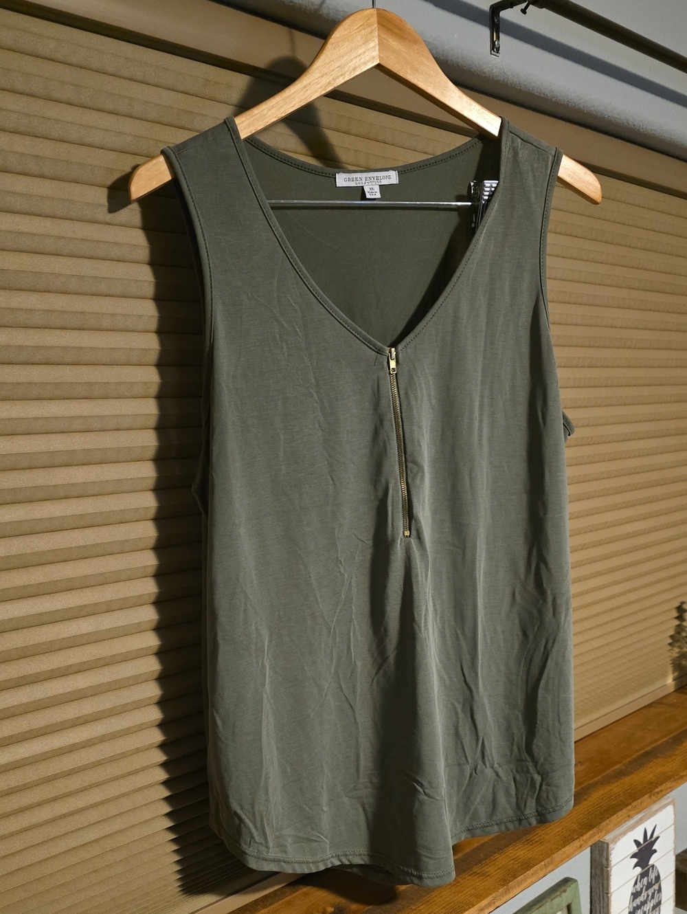 Green Envelope Olive Green V-Neck Zip Front Tank Top